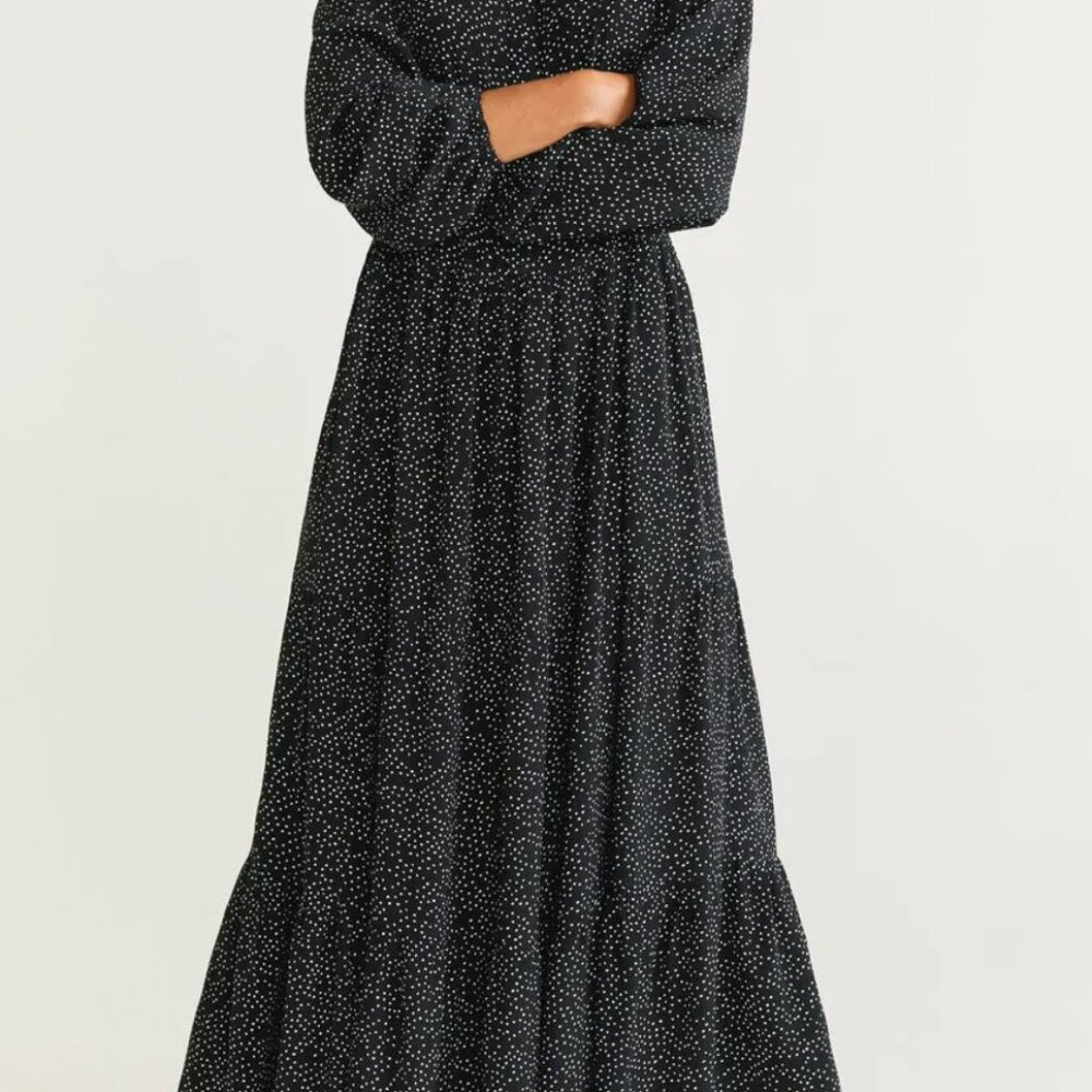 MNG Basics Black Micro Polka Dot Long Sleeve Maxi Dress - Size - 6